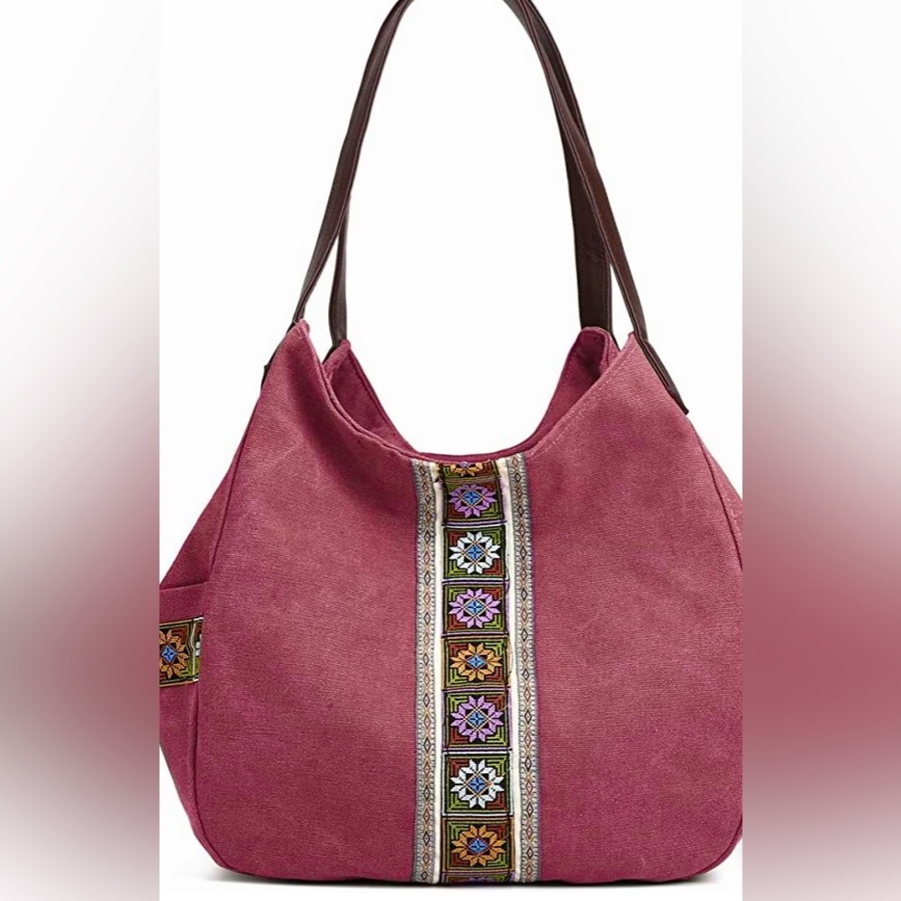 Ethnic Hobo Bag. Casual Top Handle handbag with Embroidery. Multi compartments.